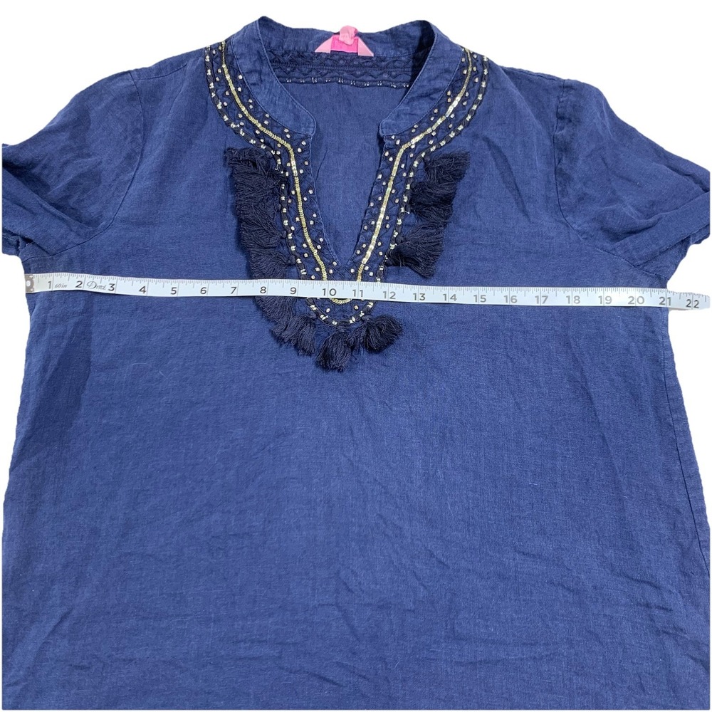 Lilly Pulitzer Amelia Island 100% Linen Tunic Women's Large Blue Gold Trim Top - Picture 5 of 10